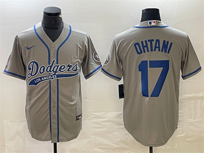 Los Angeles Dodgers #17 Shohei Ohtani Gray Cool Base With Patch Stitched Jersey - Click Image to Close